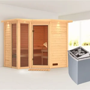 Massieve sauna Amara met dakkraag incl. 9 kW saunakachel int. besturing Nieuw