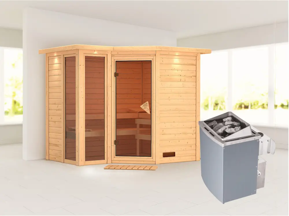 Massieve sauna Amara met dakkraag incl. 9 kW saunakachel int. besturing Nieuw