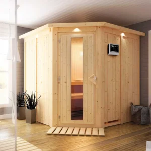 Systeemsauna Jarin met dakkraag, houten deur met geïsoleerd glas, incl. 9kW Bio-Combi-kachel Laatste Versie