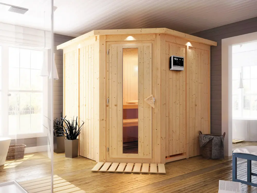 Systeemsauna Jarin met dakkraag, houten deur met geïsoleerd glas, incl. 9kW Bio-Combi-kachel Laatste Versie