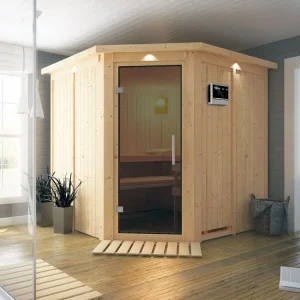 Uitverkoop Systeemsauna Jarin met dakkraag, grafiet glazen deur, incl. 9 kW Bio-Combi-kachel ext. besturing