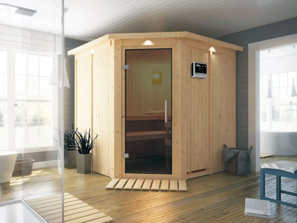 Uitverkoop Systeemsauna Jarin met dakkraag, grafiet glazen deur, incl. 9 kW Bio-Combi-kachel ext. besturing