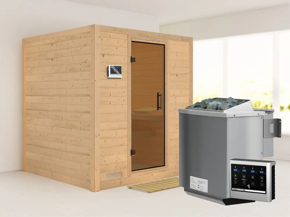 Lage Kosten Massieve sauna Mojave grafiet glazen deur, incl. 9 kW Bio-kachel ext. besturing