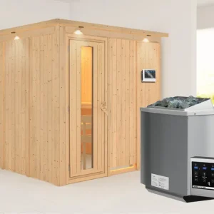 Populair Systeemsauna Rodin met dakkraag, houten deur met geïsoleerd glas, incl. 9kW Bio-Combi-kachel