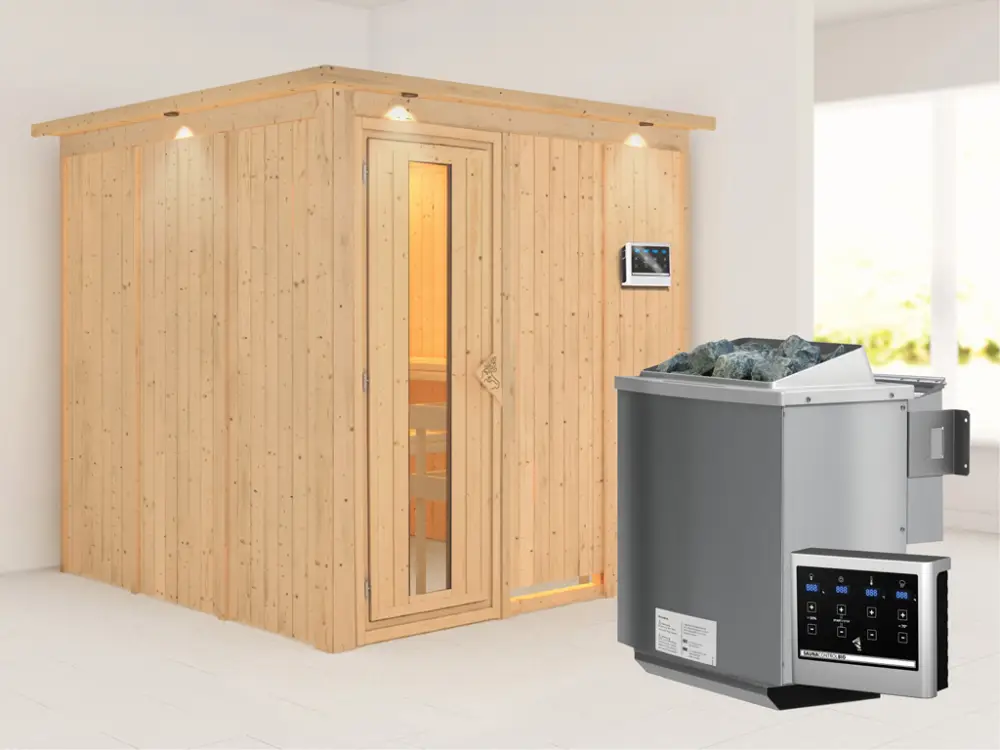 Populair Systeemsauna Rodin met dakkraag, houten deur met geïsoleerd glas, incl. 9kW Bio-Combi-kachel
