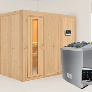 Bestel Nu Systeemsauna Gobin houten deur met geïsoleerd glas, incl. 9 kW saunakachel ext. besturing