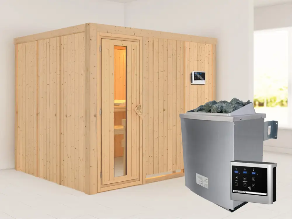 Bestel Nu Systeemsauna Gobin houten deur met geïsoleerd glas, incl. 9 kW saunakachel ext. besturing