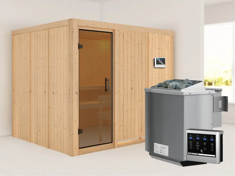Uitverkoop Systeemsauna Gobin grafiet glazen deur, incl. 9 kW Bio-Combi-kachel ext. besturing