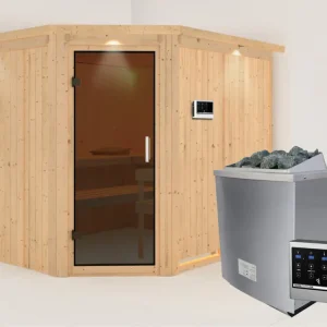 Systeemsauna Malin met dakkraag, grafiet glazen deur, incl. 9 kW saunakachel ext. besturing Voordeelprijs
