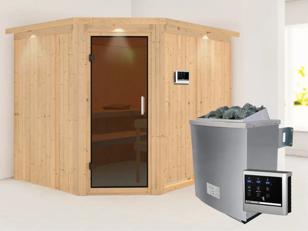 Systeemsauna Malin met dakkraag, grafiet glazen deur, incl. 9 kW saunakachel ext. besturing Voordeelprijs