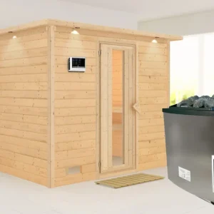 Massieve sauna Sonara met dakkraag, houten deur met geïsoleerd glas, incl. 9kW kachel ext. besturing Exclusieve Aanbieding
