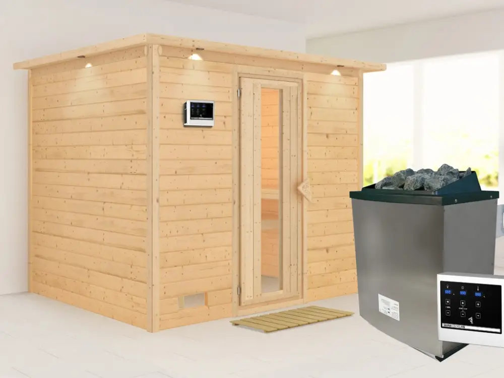 Massieve sauna Sonara met dakkraag, houten deur met geïsoleerd glas, incl. 9kW kachel ext. besturing Exclusieve Aanbieding