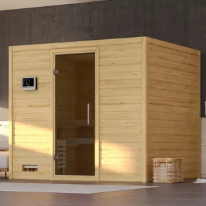 Massieve sauna Sonara grafiet glazen deur, incl. 9 kW Bio-Combi-kachel ext. besturing Superprijs