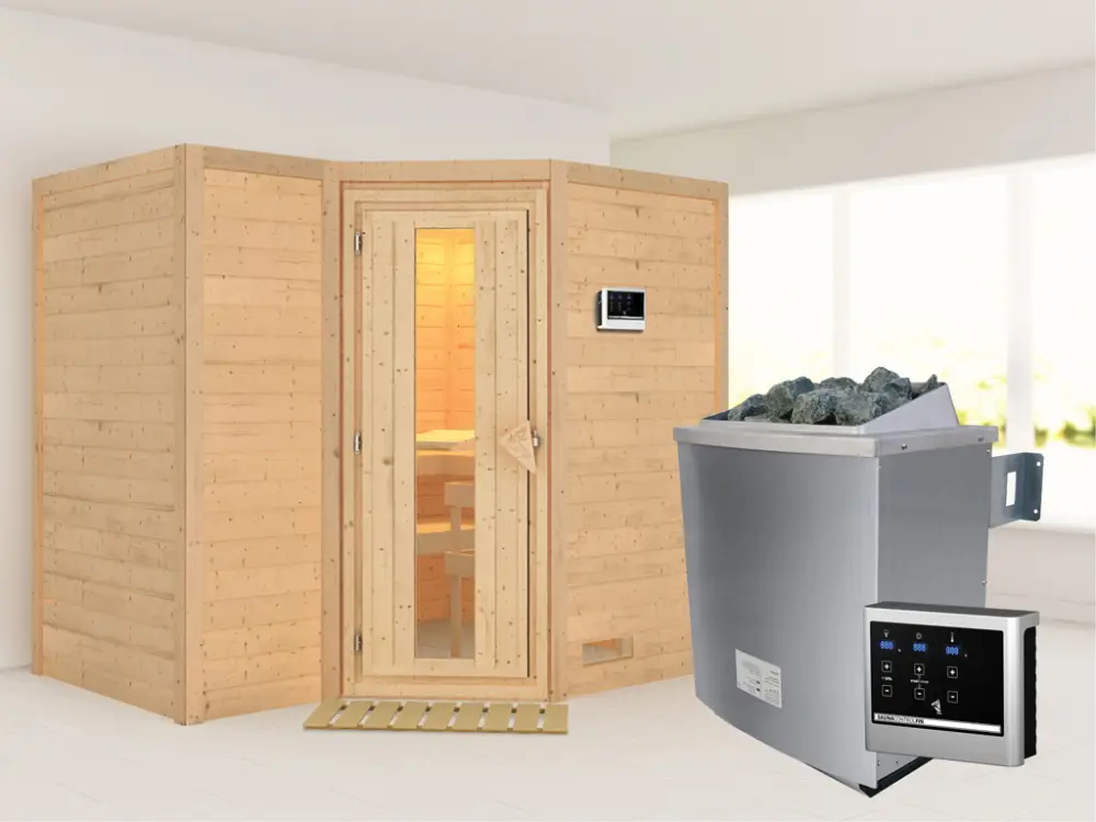 Massieve sauna Sahib 2 houten deur met geïsoleerd glas, incl. 9 kW kachel ext. besturing Fabrieksprijs