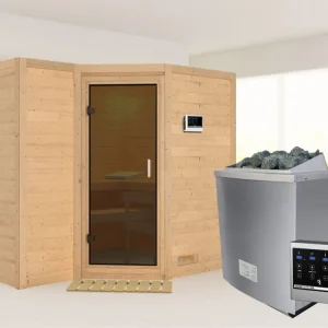 Finale Uitverkoop Massieve sauna Sahib 2 grafiet glazen deur, incl. 9 kW saunakachel ext. besturing