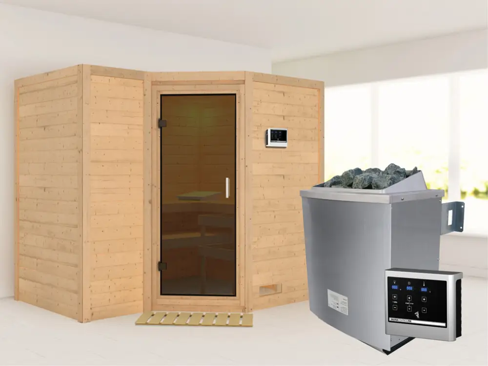 Finale Uitverkoop Massieve sauna Sahib 2 grafiet glazen deur, incl. 9 kW saunakachel ext. besturing
