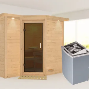 Snelle Levering Massieve sauna Sahib 2 met dakkraag, grafiet glazen deur, incl. 9 kW saunakachel int. besturing
