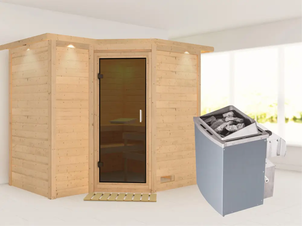 Snelle Levering Massieve sauna Sahib 2 met dakkraag, grafiet glazen deur, incl. 9 kW saunakachel int. besturing