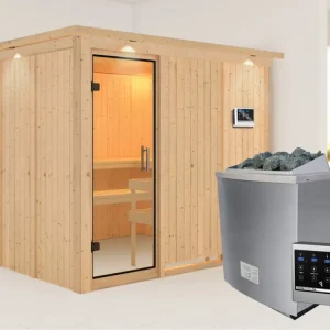 Flitsaanbieding Systeemsauna Gobin met dakkraag, transparent glazen deur + 9 kW saunakachel met ext.besturing