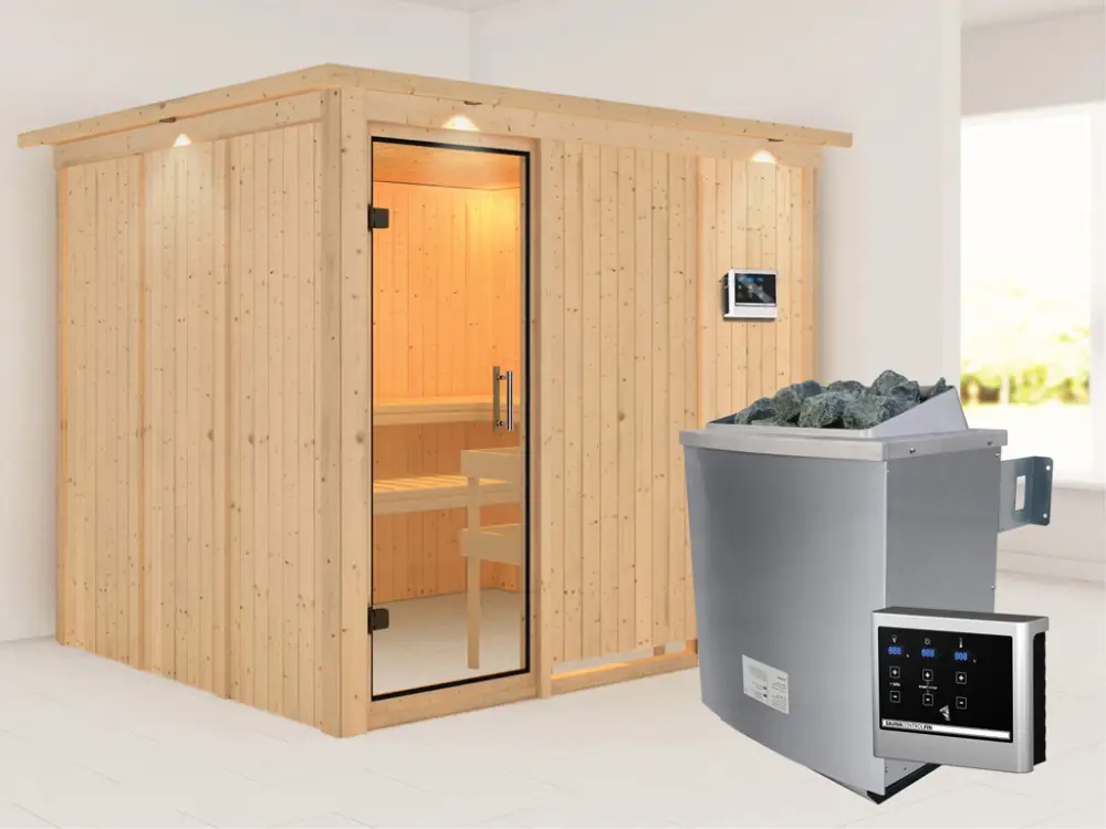 Flitsaanbieding Systeemsauna Gobin met dakkraag, transparent glazen deur + 9 kW saunakachel met ext.besturing