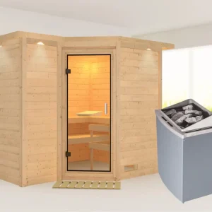 Veilige Betaling Massieve sauna Sahib 2 met dakkraag, transparent glazen deur + 9 kW saunakachel met besturing