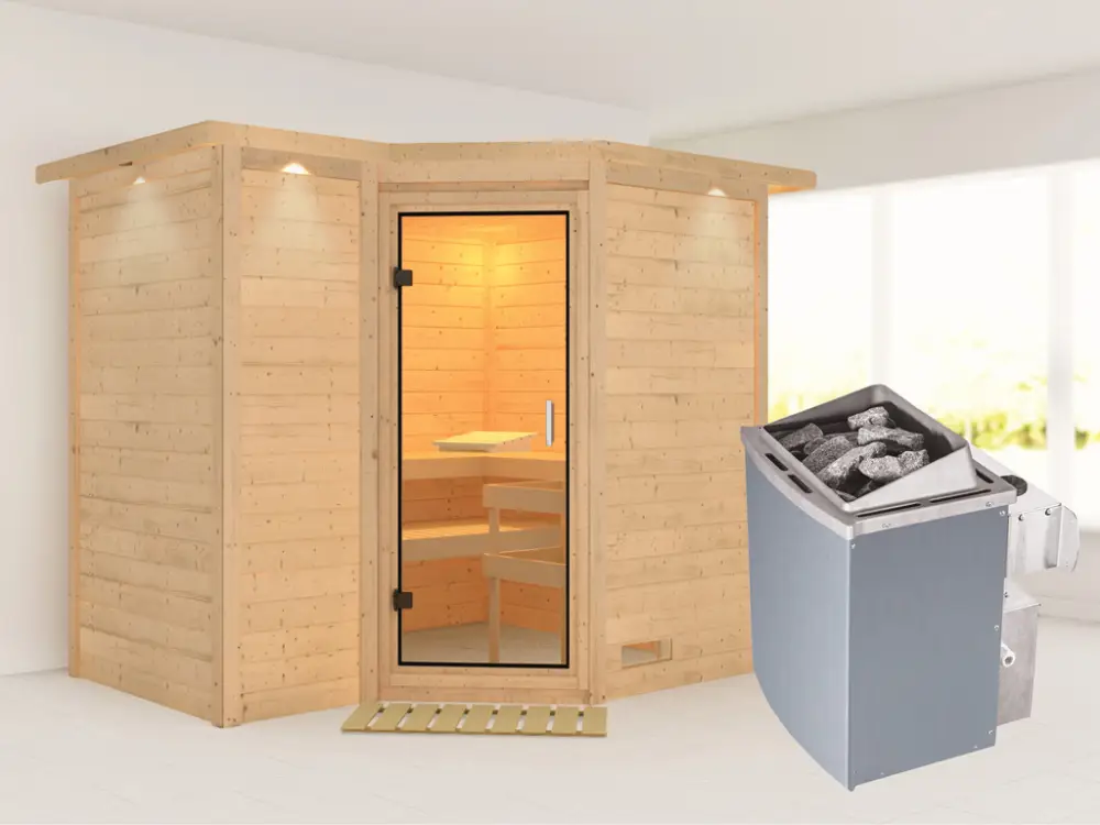 Veilige Betaling Massieve sauna Sahib 2 met dakkraag, transparent glazen deur + 9 kW saunakachel met besturing