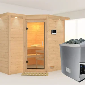 Koop Online Massieve sauna Sahib 2 met dakkraag, transparent glazen deur + 9 kW saunakachel met ext.besturing