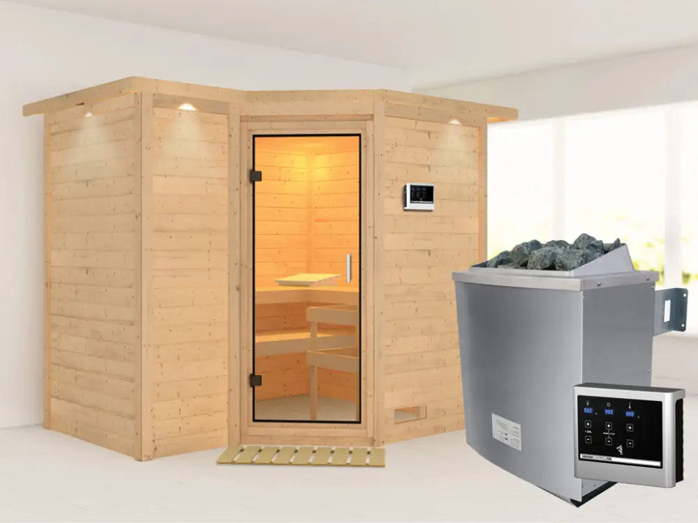 Koop Online Massieve sauna Sahib 2 met dakkraag, transparent glazen deur + 9 kW saunakachel met ext.besturing