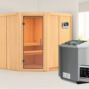 Koop Online Systeemsauna Jarin transparent glazen deur + 9 kW Bio-Combi-kachel met ext. besturing