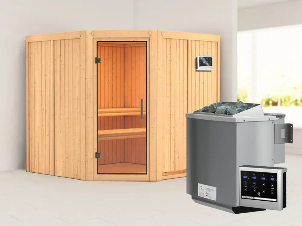 Koop Online Systeemsauna Jarin transparent glazen deur + 9 kW Bio-Combi-kachel met ext. besturing