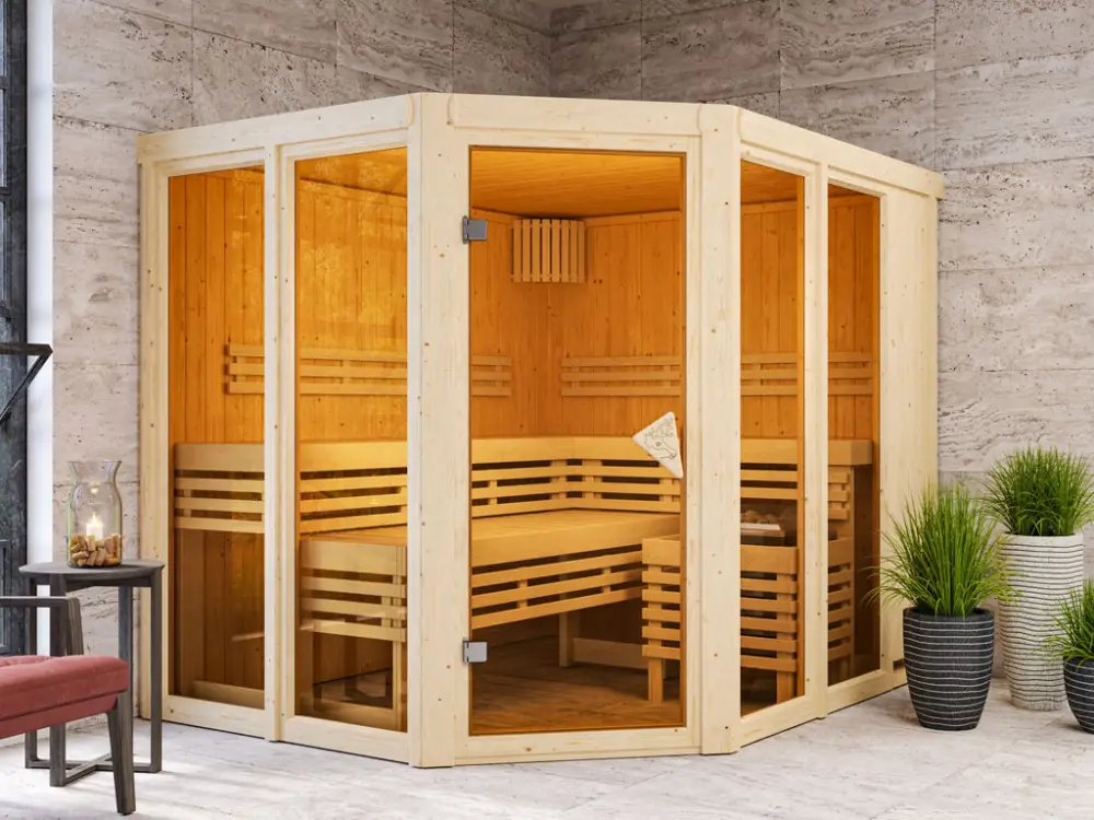 Beperkte Voorraad Sauna Ainur met gebronsde glazen deur + 9 kW saunakachel int. besturing