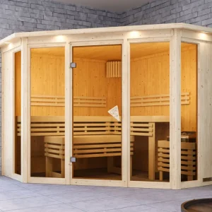 Sauna Alcinda met gebronsde glazen deur en dakkraag Nieuw
