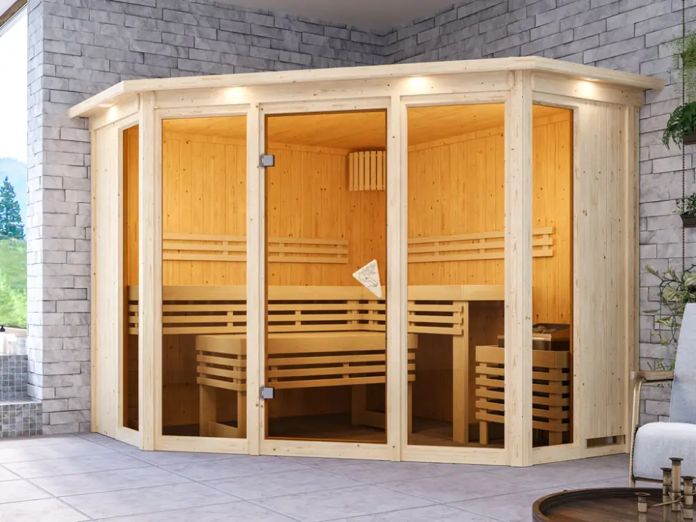 Sauna Alcinda met gebronsde glazen deur en dakkraag Nieuw