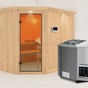 Systeemsauna Malin met dakkraag kompleet transparente gebronsde glazen deur Bestel Nu