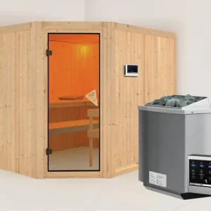 Systeemsauna Malin kompleet transparente gebronsde glazen deur, incl. 9kW Bio-Combi-kachel Tijdelijk Beschikbaar