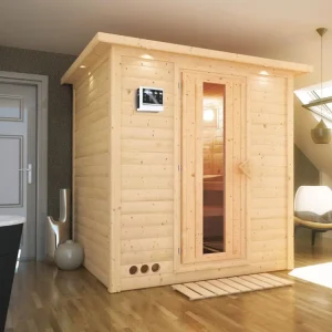 Veilige Betaling Massieve sauna Mojave met dakkraag houten deur met geïsoleerd glas incl. 9 kW Bio-kachel