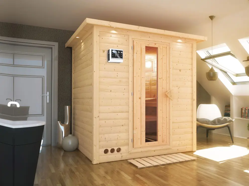 Veilige Betaling Massieve sauna Mojave met dakkraag houten deur met geïsoleerd glas incl. 9 kW Bio-kachel