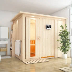 Hoge Kwaliteit Systeemsauna Gobin met dakkraag, houten deur met geïsoleerd glas, incl. 9kW Bio-Combi-kachel