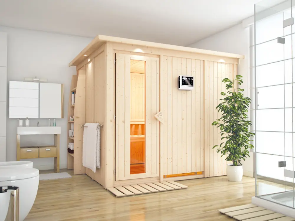 Hoge Kwaliteit Systeemsauna Gobin met dakkraag, houten deur met geïsoleerd glas, incl. 9kW Bio-Combi-kachel