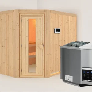 Flitsaanbieding Systeemsauna Malin houten deur met geïsoleerd glas, incl. 9 kW Bio-Combi-kachel ext. besturing