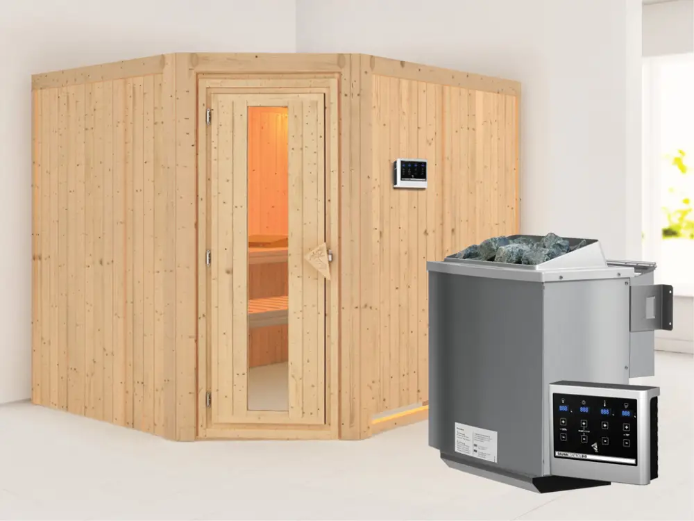 Flitsaanbieding Systeemsauna Malin houten deur met geïsoleerd glas, incl. 9 kW Bio-Combi-kachel ext. besturing