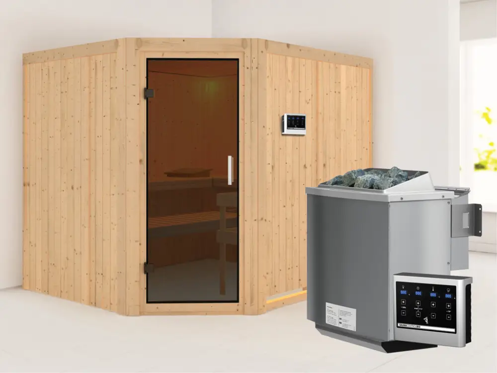 Systeemsauna Malin grafiet glazen deur, incl. 9 kW Bio-Combi-kachel ext. besturing Superprijs