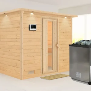 Koopje Massieve sauna Sonara met dakkraag houten deur met geïsoleerd glas incl. 9 kW Bio-kachel