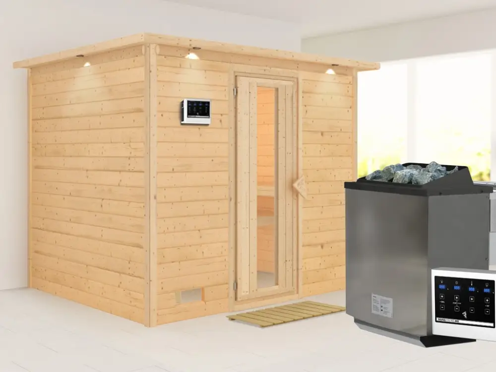 Koopje Massieve sauna Sonara met dakkraag houten deur met geïsoleerd glas incl. 9 kW Bio-kachel