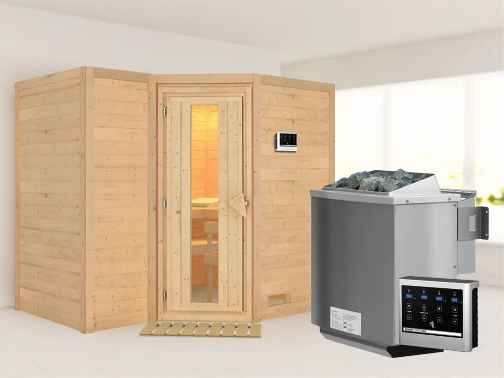 Massieve sauna Sahib 2 houten deur met geïsoleerd glas, incl. 9 kW Bio-kachel ext. besturing Flitsaanbieding