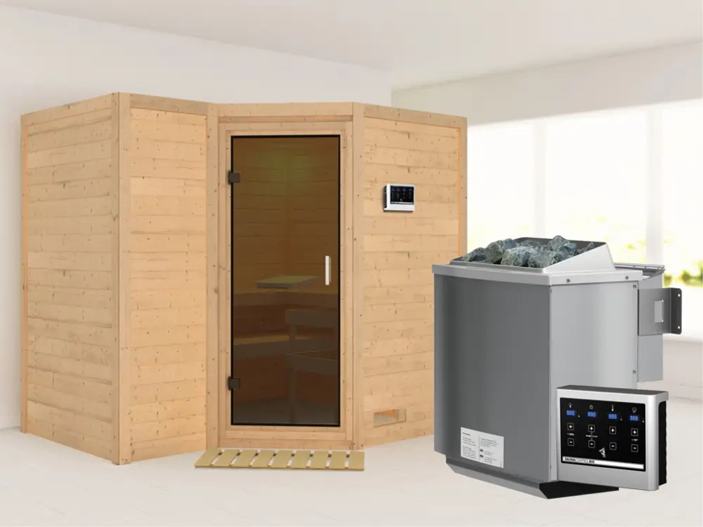 Massieve sauna Sahib 2 grafiet glazen deur, incl. 9 kW Bio-kachel ext. besturing Snelle Levering