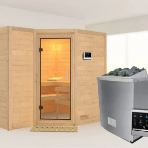 Massieve sauna Sahib 2 transparent glazen deur + 9 kW saunakachel met ext.besturing Populair