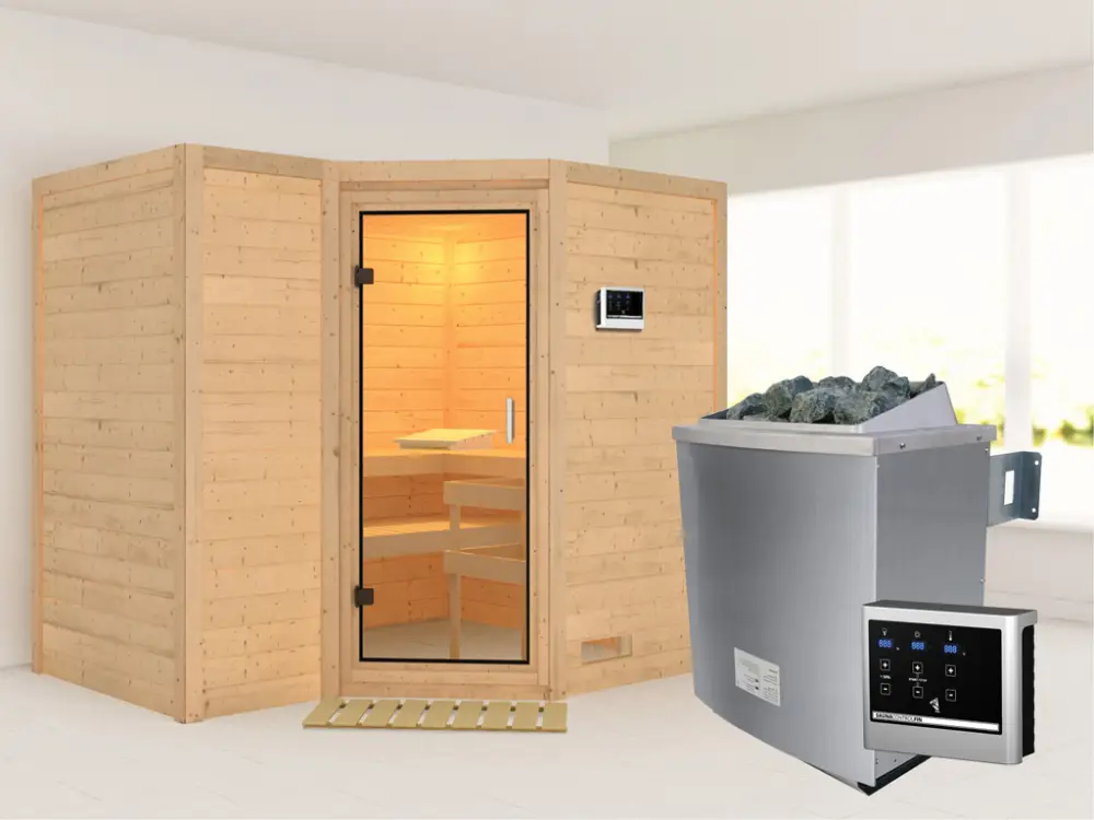 Massieve sauna Sahib 2 transparent glazen deur + 9 kW saunakachel met ext.besturing Populair