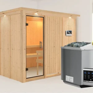 Beste Prijs Systeemsauna Gobin met dakkraag, transparent glazen deur + 9 kW Bio-Combi-kachel met ext.besturing