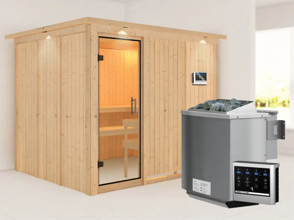 Beste Prijs Systeemsauna Gobin met dakkraag, transparent glazen deur + 9 kW Bio-Combi-kachel met ext.besturing